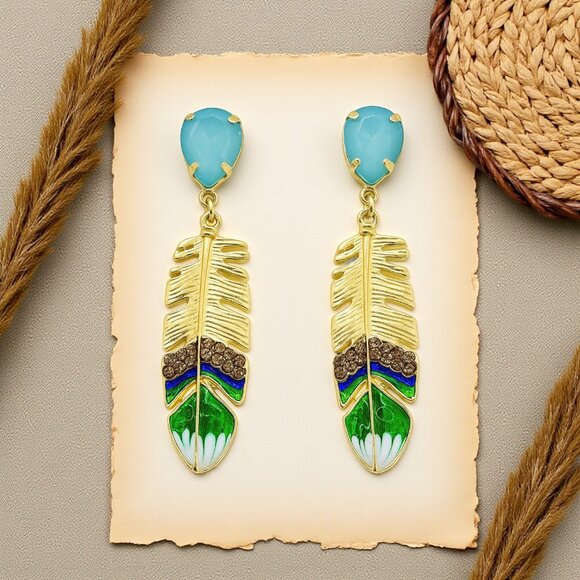 🆕️Boho Chic Feather Gemstone Earrings Gold Plated Festive Holiday Statement - Picture 1 of 11